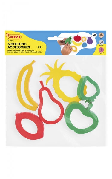 Bolsa para acessórios de modelagem Jovi com 6 moldes para cortar fruta - Moldes de plástico para massa de modelar - Formatos de fruta - Cores sortidas 