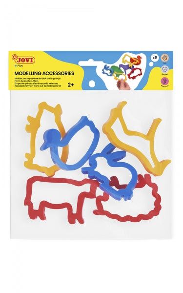 Bolsa para acessórios de modelagem Jovi com 6 moldes de animais de quinta - Plástico resistente - Formatos de animais de quinta - Ideal para plasticina Play-Doh - Cores sortidas 