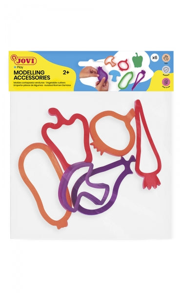 Bolsa para acessórios de modelar Jovi com 6 moldes para cortar legumes - Moldes de plástico para massa de modelar - Formatos de legumes - Cores sortidas 