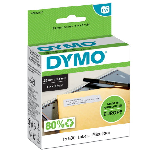 Dymo LabelWriter 11352 Etiquetas Originales Multiusos Autoadhesivas - 25x54mm - 500 Unidades - S0722520 - Prinkweb