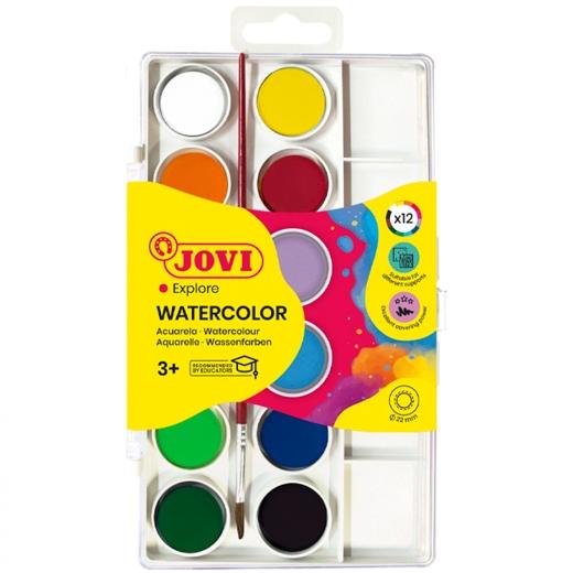 Coffret Jovi de 12 godets d'aquarelle + pinceau - Couleurs vives - Faciles à mélanger - Couleurs assorties