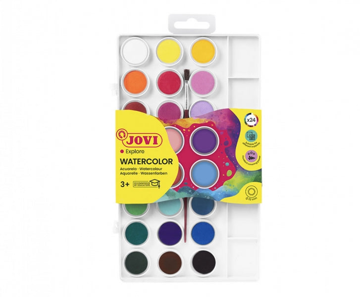 Coffret Jovi de 24 godets d'aquarelle + pinceau - Couleurs vives - Faciles à mélanger - Couleurs assorties 