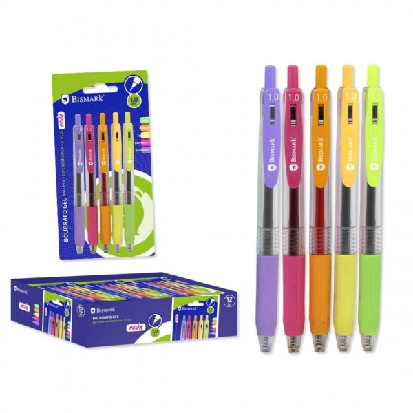 Conjunto de 5 Canetas Retráteis de Tinta Gel Bismark - Ponta de 1,0 mm - Escrita Suave - Cores Neon