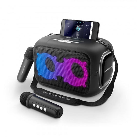 Sistema de Som para Karaoke Energy Sistem - Bluetooth 5.4 - True Wireless - 60W - IPX4 - 8h de Duração da Bateria - Luzes LED - 2 Microfones Sem Fio - Leitor de MP3 - Preto 