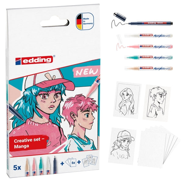 Kit de manga acrylique Edding : lot de 4 marqueurs 5300 + 1 marqueur 1800 + 6 cartes vierges + 3 feuilles de papier
