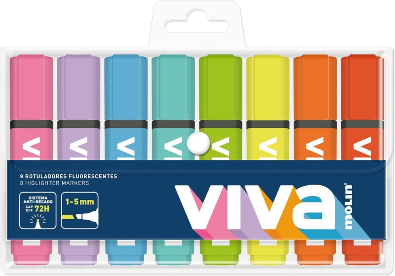 Lot de 8 marqueurs fluorescents Molin Viva - Largeur de trait : 1 à 5 mm - Encre à base d'eau - Couleur