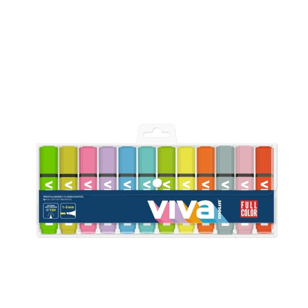 Conjunto de 12 marcadores fluorescentes Molin Viva - Espessura da linha entre 1 e 5 mm - Tinta à base de água - Colorido