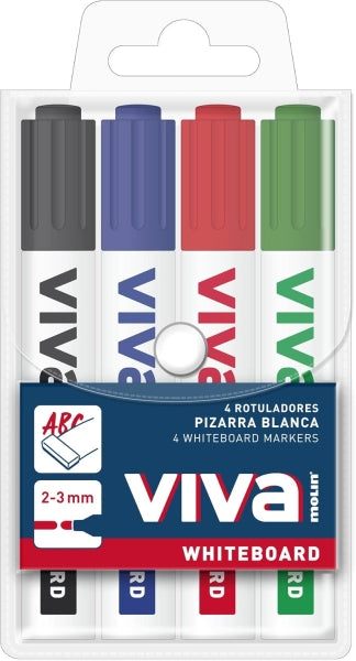 Lot de 4 marqueurs pour tableau blanc Molin Viva - Pointe ronde en fibre synthétique - Largeur de trait : 3 mm