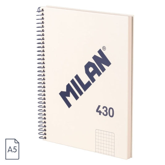 Milan Serie 1918 Cuaderno Espiral Formato A5 Cuadricula 5x5mm - 80 Hojas de 95 gr/m2 - Microperforado, 2 Taladros - Color Beige - Prinkweb