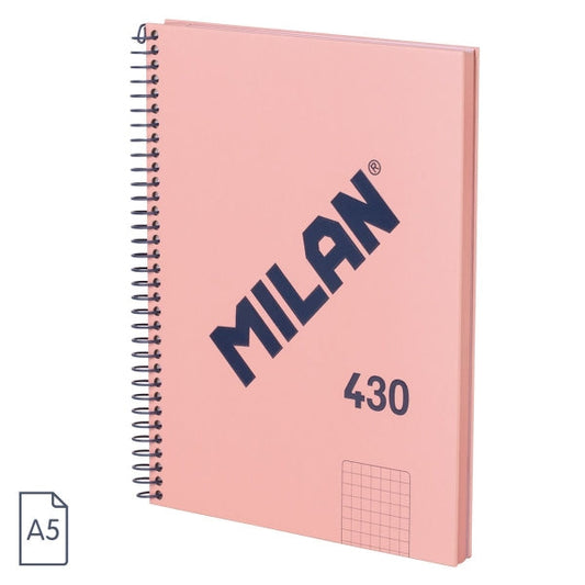 Milan Serie 1918 Cuaderno Espiral Formato A5 Cuadricula 5x5mm - 80 Hojas de 95 gr/m2 - Microperforado, 2 Taladros - Color Rosa - Prinkweb