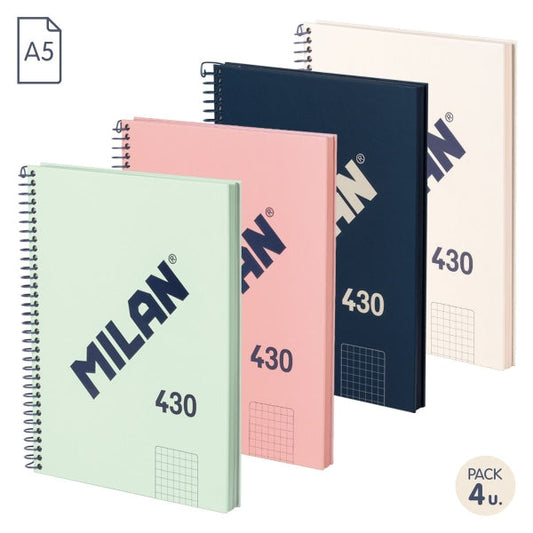 Milan Serie 1918 Pack 4 unidades Cuadernos Espiral Formato A5 Cuadricula 5x5mm - 80 Hojas de 95 gr/m2 - Microperforado, 2 Taladros - Colores Surtidos - Prinkweb