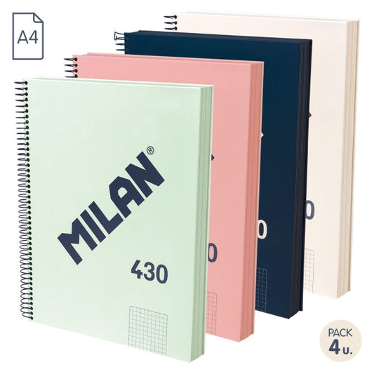 Milan Serie 1918 Pack 4 unidades Cuadernos Espiral Formato A4 Cuadricula 5x5mm - 120 Hojas de 95 gr/m2 - Microperforado, 4 Taladros - Colores Surtidos - Prinkweb