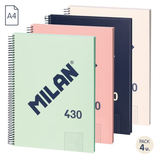 Milan Serie 1918 Pack 4 unidades Cuadernos Espiral Formato A4 Cuadricula 5x5mm - 80 Hojas de 95 gr/m2 - Microperforado, 4 Taladros - Colores Surtidos - Prinkweb