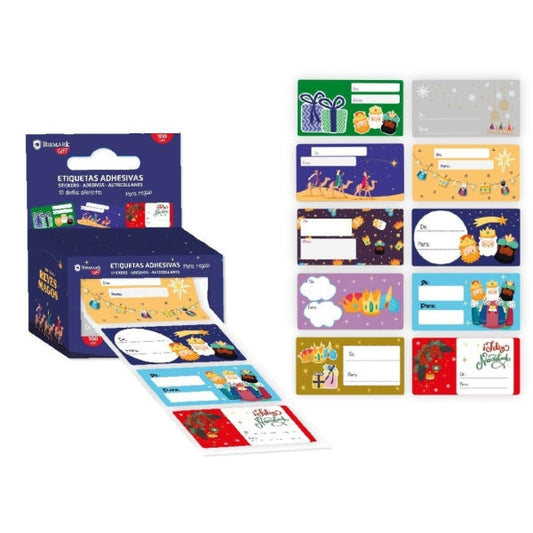 Bismark Caja de 100 Etiquetas Adhesivas Navideñas para Regalos - Diseños Surtidos - Espacio para Escribir - Prinkweb