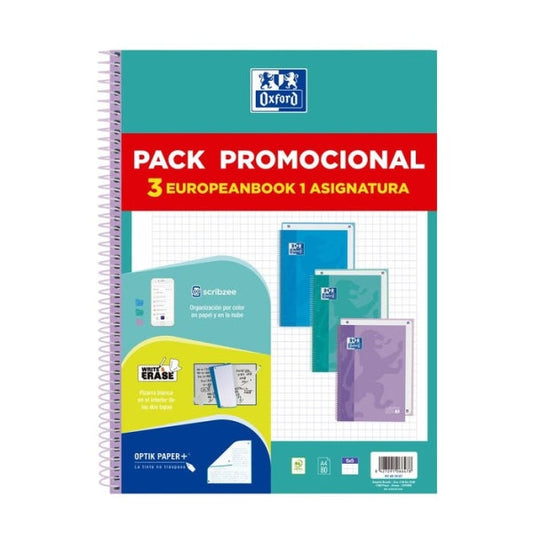 Oxford Europeanbook 1 Touch Pack 3 unidades Cuadernos Espiral Formato A4+ Cuadriculado 5x5mm - 80 Hojas 90gr - Tapa Extradura Tacto Suave - Recuadro de Color - Colores Pastel Surtidos - Prinkweb