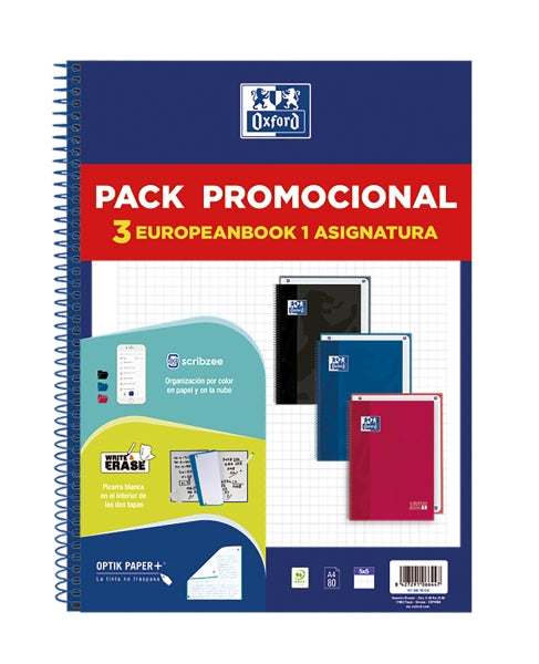 Oxford Europeanbook 1 Classic Pack 3 unidades Cuadernos Espiral Formato A4+ Cuadriculado 5x5mm - 80 Hojas 90gr - Tapa Extradura Tacto Suave - Recuadro de Color - Colores Vivos Surtidos - Prinkweb