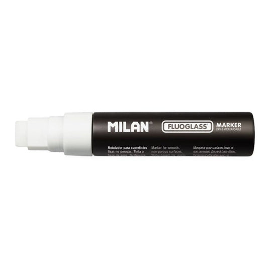 Marcador Milan Fluoglass para superfícies lisas - Ponta plana - Largura do traço de 8 a 15 mm - Tinta à base de água -