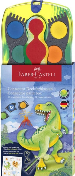 Faber-Castell Connector Dinosauroa 12 akuarela-pastilla + pintura zuri opakoa + eranskailuak - opakutasun handia - erraz nahas daitezke - kolore askotarikoak