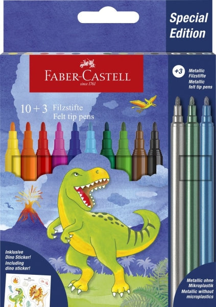 Coffret de 13 feutres de couleur Faber-Castell Édition Dinosaures - 10 couleurs classiques + 3 couleurs