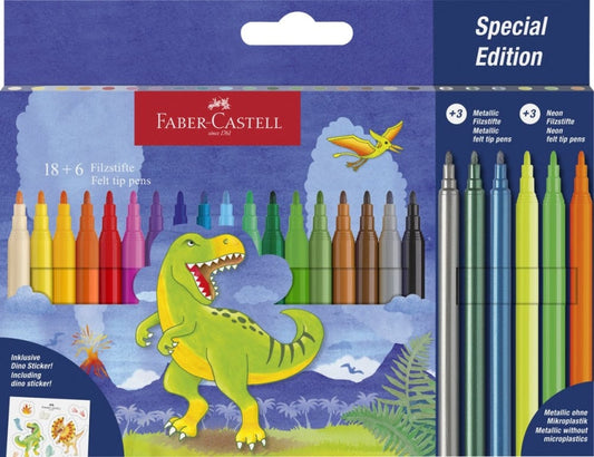 Coffret de 24 feutres de couleur Faber-Castell Édition Dinosaures - 18 couleurs classiques + 3 couleurs