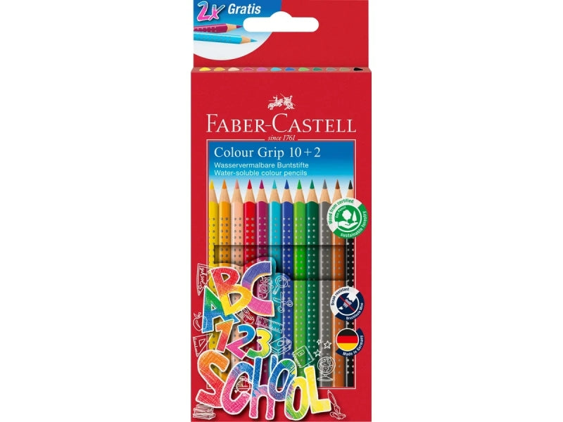 Coffret Faber-Castell Colour Grip 10+2 crayons de couleur triangulaires avec grip - Avec espace