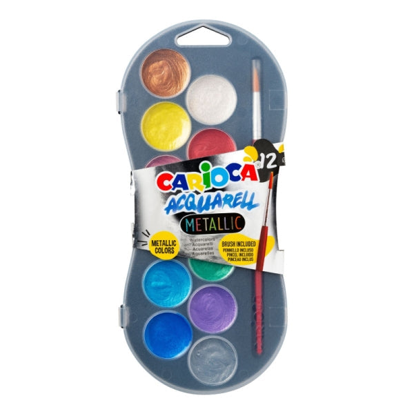 Conjunto de 12 pastilhas de aguarela metalizadas Carioca Ø 30mm - Brilhantes - Fáceis de misturar