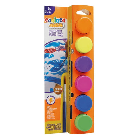 Carioca Neon Pack of 6 Tempera Paints in 25ml Pots + Brush - Super Washable - Mixable - Neo Colors