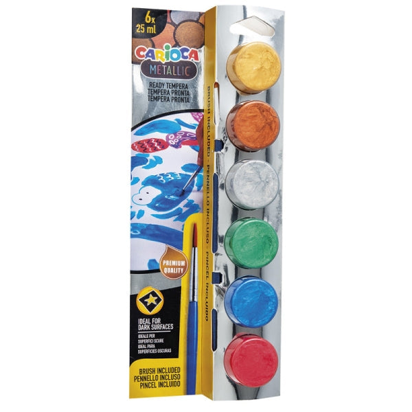 Carioca Metallic, lot de 6 pots de peinture tempera de 25 ml + pinceau - Super lavable - Miscible - Couleurs