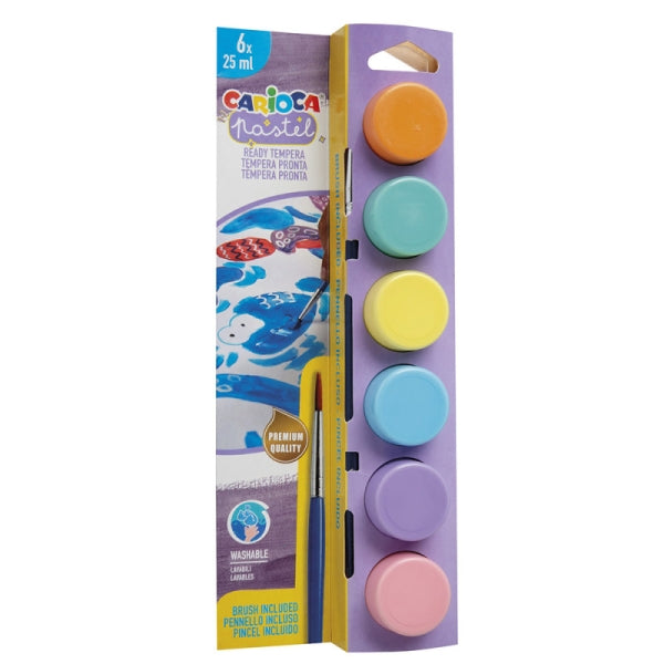 Carioca Pastel, lot de 6 pots de 25 ml de peinture tempera + pinceau - Super lavable - Miscible - Couleurs P