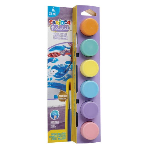 Carioca Pastel Pack of 6 Tempera Paints in 25ml Pots + Brush - Super Washable - Mixable - Primary Colors