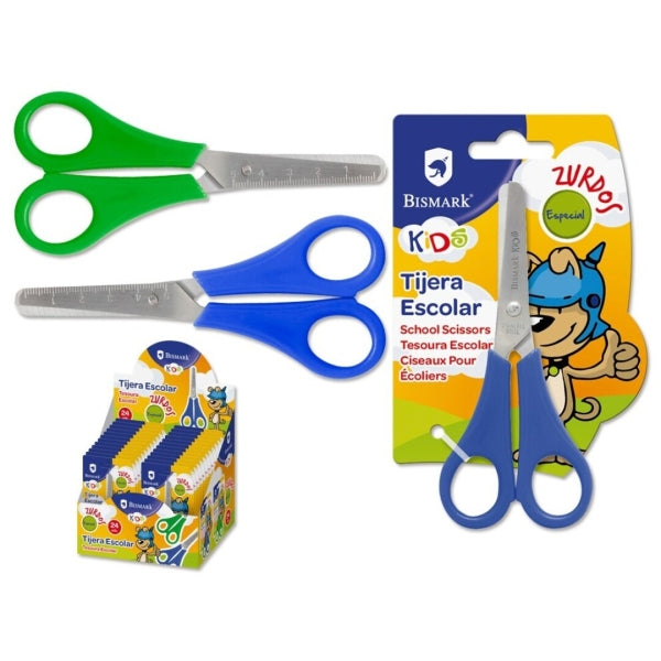 Tesoura escolar infantil Bismark para canhotos - Cabos de plástico - Pontas arredondadas - Cores azul e verde - Quantidade: 24
