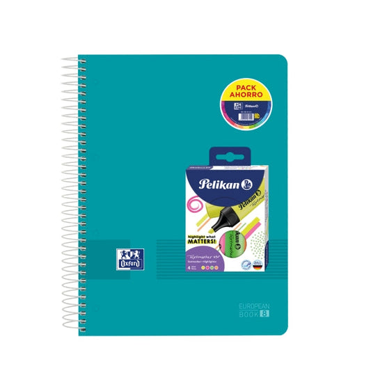 Oxford Europeanbook 8 Live & Go Pack de Cuaderno Espiral A4+ 160 Hojas Cuadricula 5x5 + 4 Marcadores Texmarker 490 Pelikan - 8 Bandas de Color - Tapa de Plastico Resistente - Colores Surtidos - Cantidad: 10 - Prinkweb
