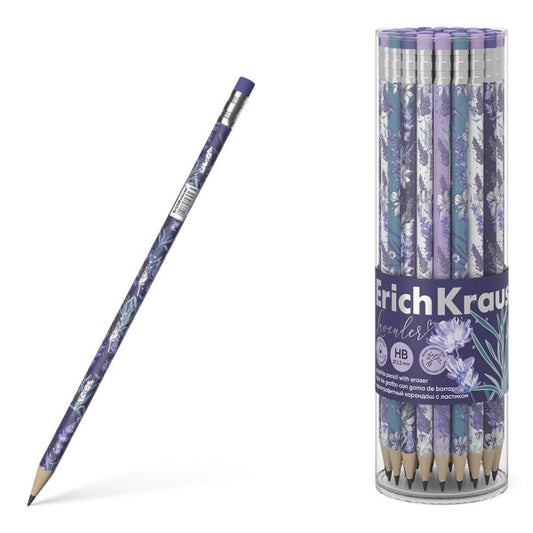 Crayon graphite triangulaire lavande Erichkrause HB - Gomme - 4 motifs assortis