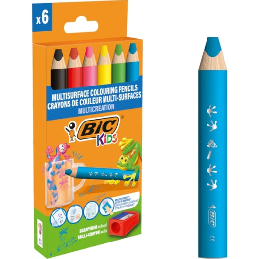 Bic Kids Multisuperficie Lapices de Colores + Sacapuntas - Cuerpo Triangular - Minas Borrables en Superficies No Porosas - Colores Surtidos