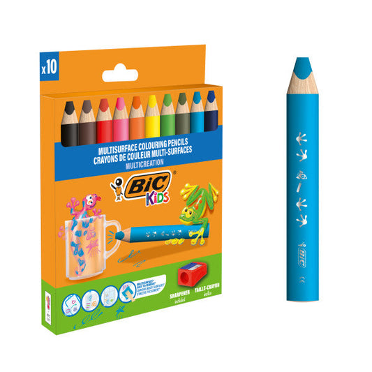 Bic Kids Lot de 10 crayons de couleur multi-surfaces + taille-crayon - Corps triangulaire - Mines effaçables