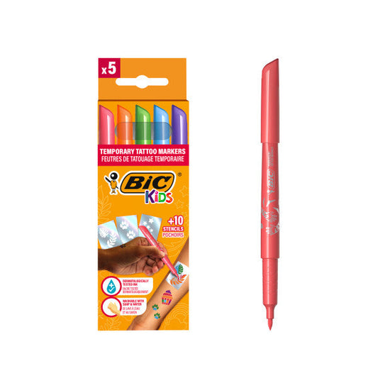 Tatouages ​​temporaires Bic Kids, lot de 5 marqueurs + 10 pochoirs - Encre dermatologique