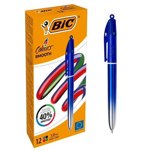 Stylo bille rétractable Bic 4 couleurs à dégradé de bleu - Pointe moyenne 1,0 mm - Écriture fluide