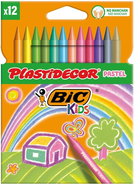 Boîte de 12 crayons de couleur pastel Bic Kids Plastidecor - Extra résistants - Faciles à tailler - Ne tachent pas - Couleurs pastel assorties 