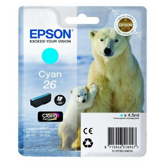 Epson T2612 (26) Cyan Cartucho de Tinta Original - C13T26124012 - Prinkweb