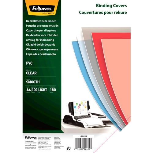 Couvertures de reliure A4 Fellowes en PVC transparent 180 microns, paquet de 100 unités