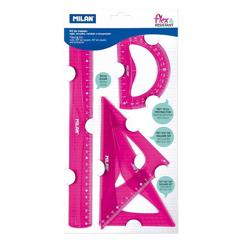 RÈGLE MILAN FLEX &amp; RESISTANT 30CM ROSE TRANSLUCIDE KIT DE 4 PIÈCES