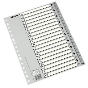 Separador de alfabeto ESSELTE com vários furos, em polipropileno, tamanho A4, cinzento, com capa de índice, em cartão branco/preto.