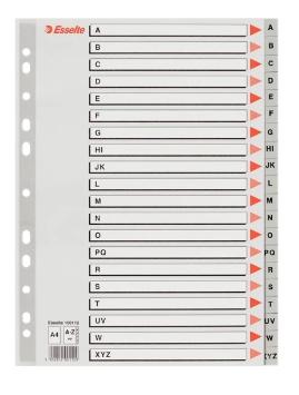 SÉPARATEUR ALPHABET MULTI-TROU ESSELTE AZ EN POLYPROPYLÈNE GRIS A4 AVEC COUVERTURE INDEX EN CARTON COULEUR