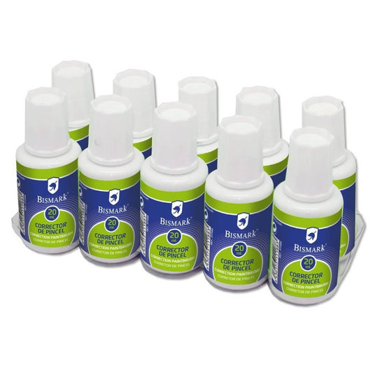 Corretor líquido Bismark com aplicador de pincel, frasco de 20ml, caixa com 10 unidades.
