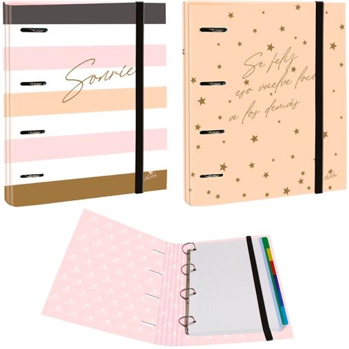 Classeur à anneaux MARIOLA 4 x 40 mm, bloc tapis, avec recharge de 100 feuilles A4 90 g/m², reliure élastique, carton laminé, 6 phrases assorties