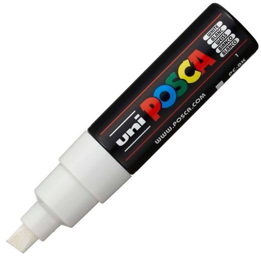 Posca PC-8K Marcador de Pintura - Punta Biselada Acrilica 8mm - Tinta Base al Agua - No Permanente - Resistente a la Luz - Ideal para Carteleria y Decoracion - Color Blanco