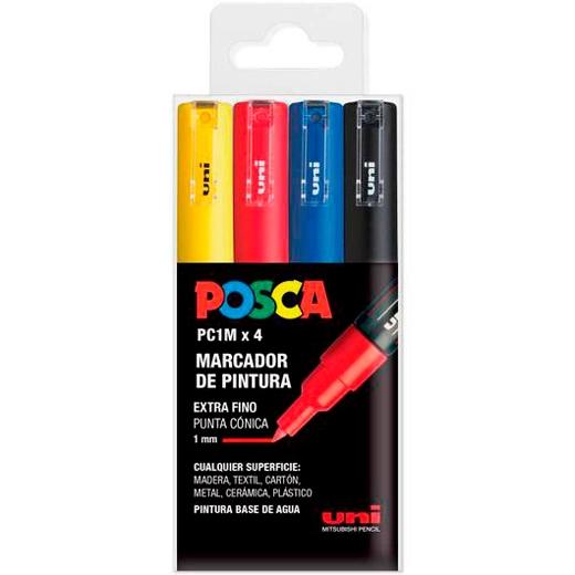 Posca PC1M Marcadores de Pintura - Punta Conica 0.7mm - Tinta Base al Agua - No Permanente - Resistente a la Luz - Colores Amarillo, Rojo, Azul y Negro