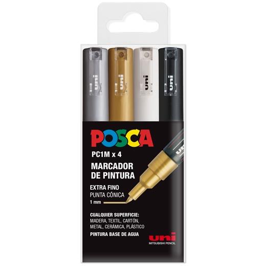 Posca PC1M Marcadores de Pintura - Punta Conica de 0.7mm - Tinta Base al Agua - No Permanente - Resistente a la Luz - Inodoro - Ideal para Carteleria y Decoracion - Colores Plata, Oro, Blanco y Negro