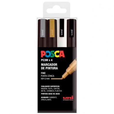 Posca PC3M Marcadores de Pintura - Punta Conica 0.9-1.3mm - Tinta Base al Agua - Resistente a la Luz - No Permanente - Ideal para Carteleria y Decoracion - Colores Plata, Oro, Blanco y Negro
