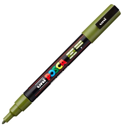 Posca PC-3M Marcador de Pintura - Punta Conica de Poliester 0.9-1.3mm - Tinta Base al Agua - Resistente a la Luz - Color Verde Kaki